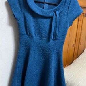 Blue Textured Fit & Flare Dress by I•XA